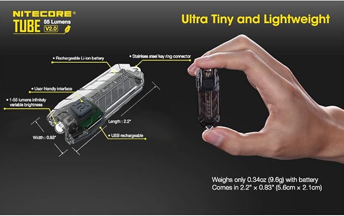 Nitecore Tube V2.0 Keychain Flashlight, 55 Lumen USB Rechargeable Ultralight Lightweight (Azure)