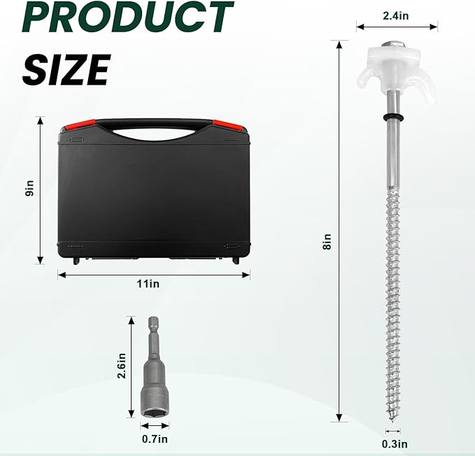 12 Pack 8-inch Heavy Duty Metal Tent Nails - Anchor Screws - Head That Will Glow at Night - Outdoor Camping - Metal Threaded Tent Nails and Hexagonal Head Drive and Storage Box (White)