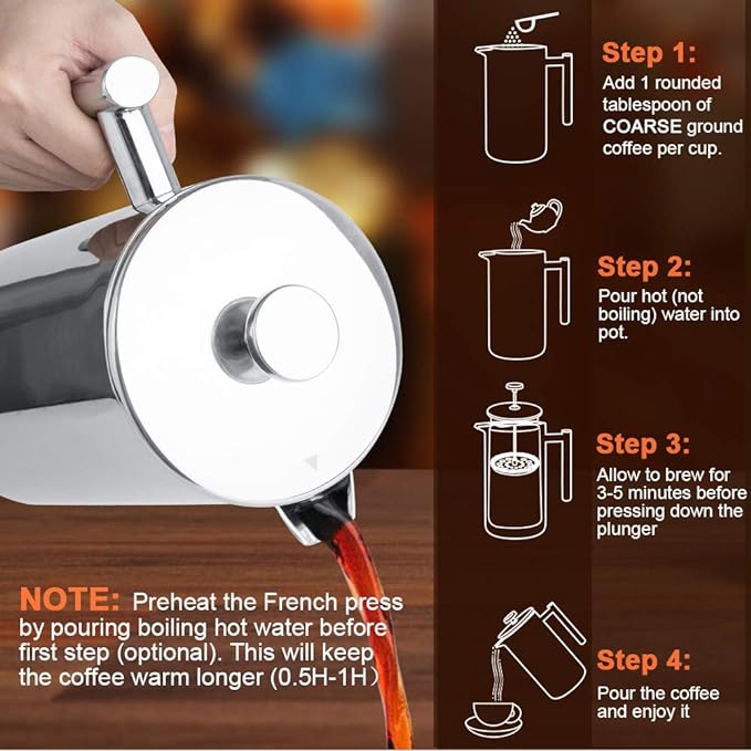 Secura French Press Coffee Maker, 304 Grade Stainless Steel Insulated Coffee Press with 2 Extra Screens, 50oz (1.5 Litre), Silver