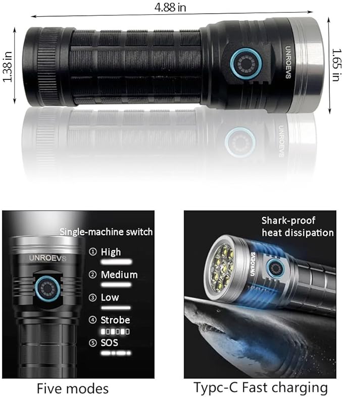 XC04 Flashlights High Lumens Rechargeable Max 4000 Lumens,High Powered Flashlight with 8*LED 6000K,5 Light Modes,Super Bright Flash Light for Hiking,Camping.