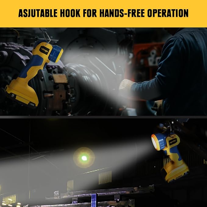 Mellif LED Work Light, Portable Flashlight for Dewalt 20V Max Battery (NOT Included), 90 Degree Pivoting Head, 110/280 Lumens of Brightness, Cordless, Zoomable, Jobsite (Yellow & Blue, L-Shape)
