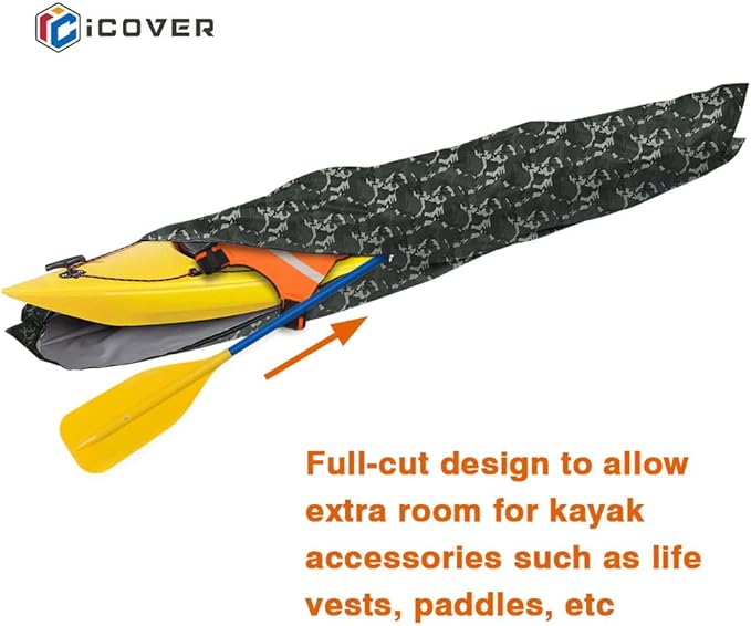 i COVER 16ft Kayak Cover- Water Proof Heavy Duty Kayaks/Canoe Covers Fits Canoes or Paddleboards up to 16ft Long and Beam Width up to 36in, Camo