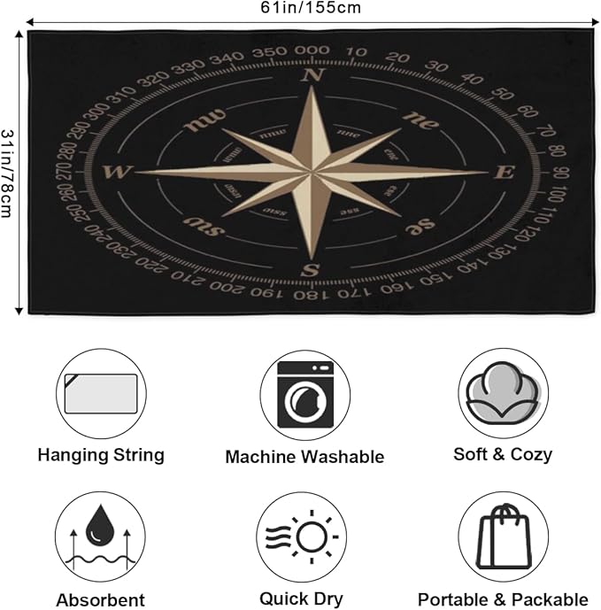 Compass Rose Beach Towel Oversized Quick Dry Beach Blanket Microfiber Sand Free Absorbent Lightweight Artwork Black Bath Towel for Pool Travel Swimming Camping Women Men