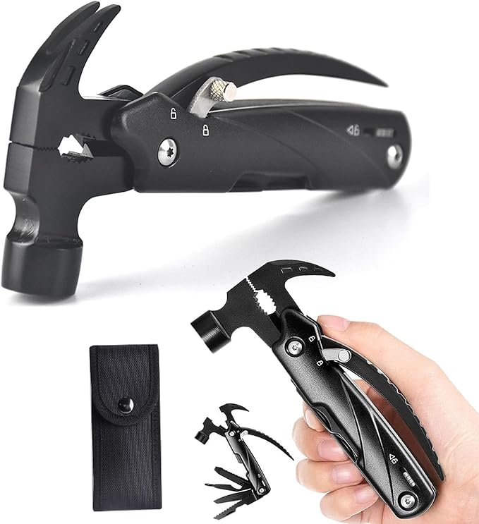 Hammer Multitool, 9 in 1 Mini Portable Survival Tool with Hammer Nailing Device, Pliers, Knife, Saw, Cross Screwdriver for Camping, Hiking, Gifts for Dad and Boyfriend