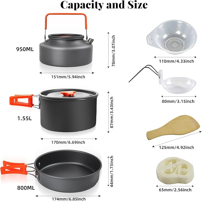 Camping Essentials Cookware Cooking Set, Camping Pots and Pans Set for Backpacking Gear, Car Camping Mess Kit for Camping Stove, Camp Kitchen with Camping Kettle, Pour Over Coffee Dripper