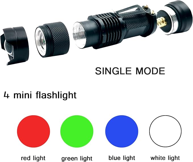 Red Green Blue White Light Flashlight Single Mode LED Flashlight with Clip Zoomable Mini Flashlight for Hunting Camping Night Observation, 4 Pack