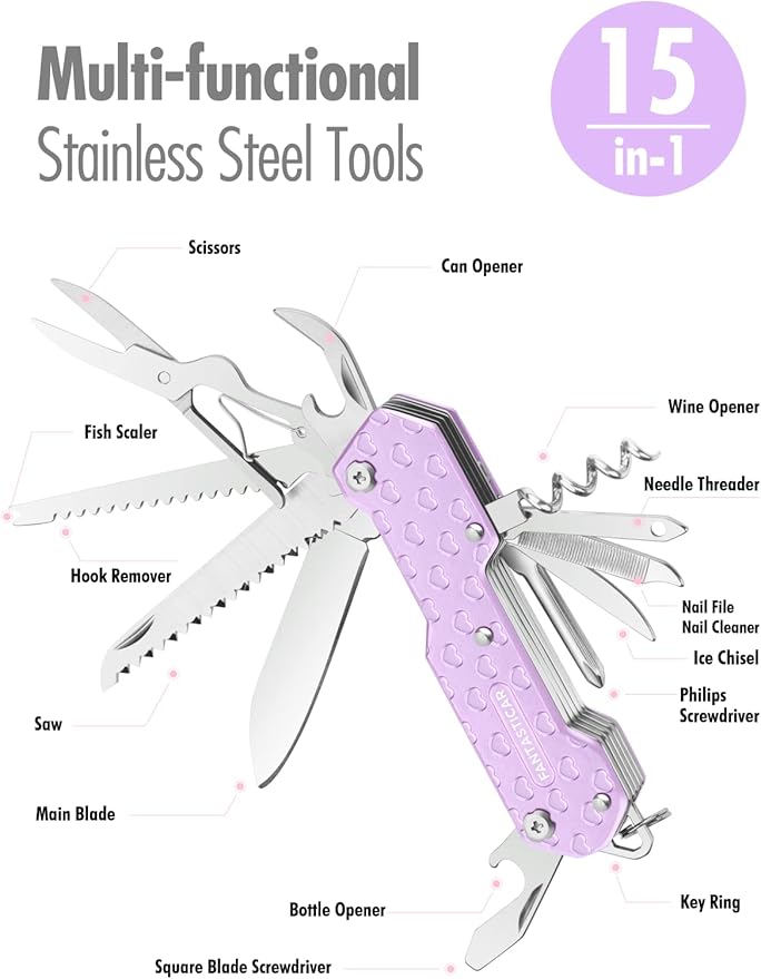 FantastiCAR 15 in 1 Multi-tool with Cute Hearts, EDC Folding Pocket Knife with Premium Gift Box for Camping, Fishing, Hunting, Survival, Outdoor (Pueple Hearts)
