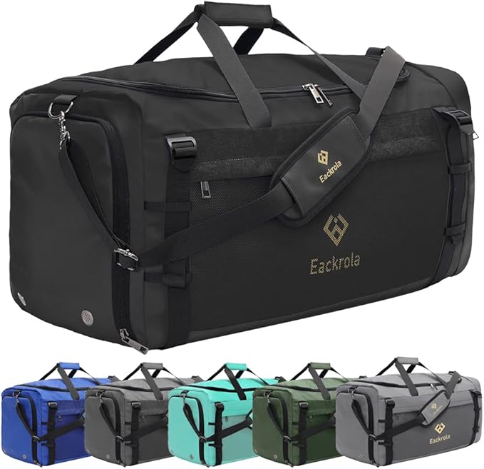 Eackrola Large Sports Gym Bag, Travel Duffel bag with Wet Pocket & Shoes Compartment for men women, 65L, Lightweight(Black)