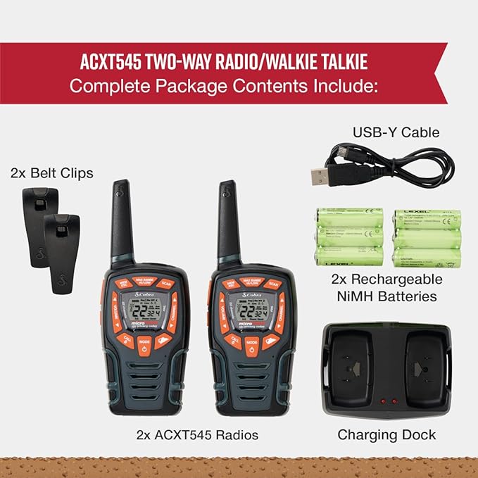 Cobra ACXT545 Walkie Talkies - Rechargeable, Long Range 28-Mile Two Way Radio Set with VOX ( 2 Pack )