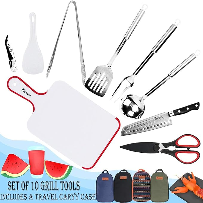 Bisgear Backpacking Camping Cookware Camp Kitchen Utensil BBQ Organizer Travel Mess Kit with Water Resistant Case, Cutting Board, Rice Paddle, Tongs, Scissors, Knife, Spork