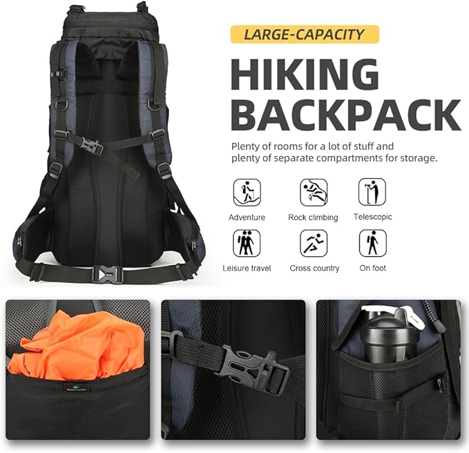 60L Hiking Backpack Large Waterproof Camping Backpack for Men and Women Lightweight Frameless Backpacking Backpack with Rain Cover (Navy Blue)