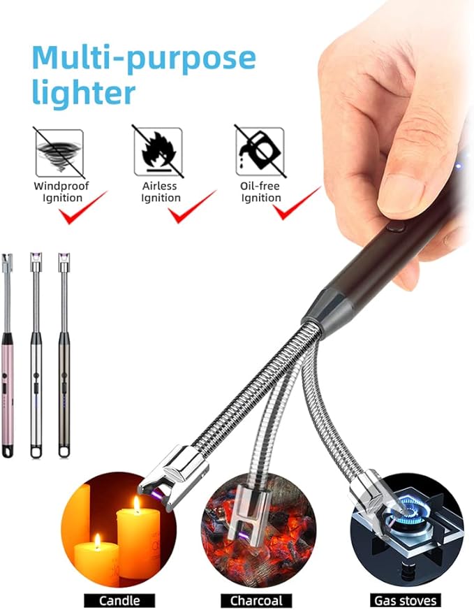 3 Pack Candle Lighter,Arc Lighter with USB Charging,Flameless Windproof,LED Battery Display,Safety Switch,Rotate 360 Degrees,for Aromatherapy,Candles,BBQ,Camping.(Silver&Grey&Pink)…