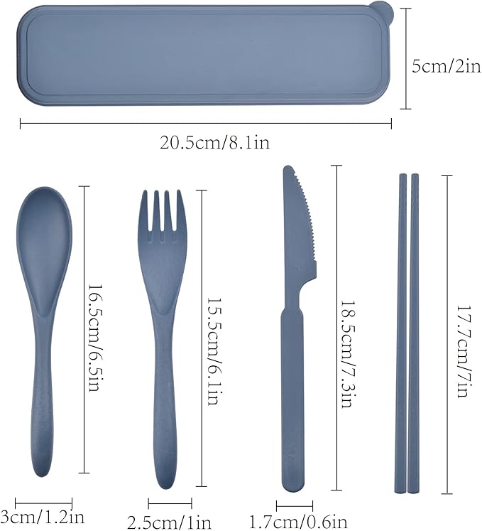 Travel Utensils with Case, Portable Wheat Straw Cutlery Set, Spoon Knife Fork Chopsticks Reusable Utensils for Travel Work Picnic Camping or Daily Use