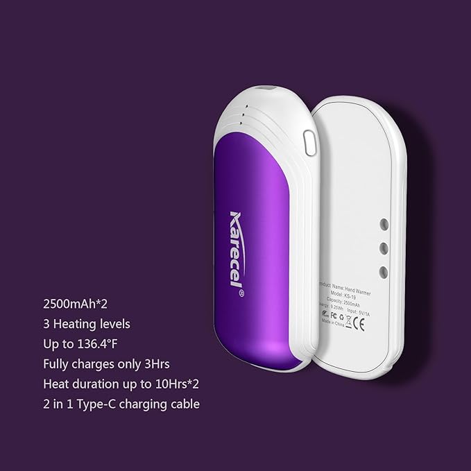 Karecel Hand Warmers Rechargeable 2 Pack, 5000mAh Hot Electric 2 in 1 Hand Warmer Portable Pocket Heater Reusable Handwarmers, Best Electronic Gifts for Men Women Kids, Hunting, Golf, Camping