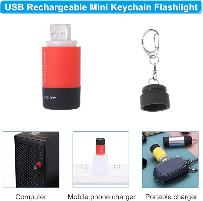 PATIKIL Mini Keychain Flashlight, Pocket LED Flashlight Portable Torch USB Rechargeable for Outdoor Camping Party, Red