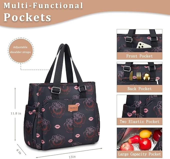 Large Women Lunch Bags for Work/Insulated Adult Lunch Box for Women/Leakproof Cooler Lunch Tote Bag with Storage Pocket. Reusable Lunch Cooler Purse for Work Picnic Hiking 14L,Black Rose