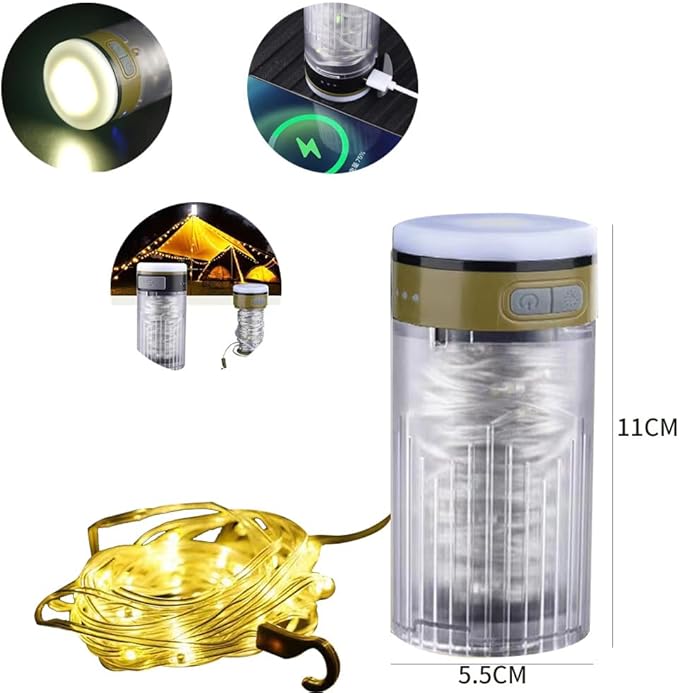 LED Rechargeable Flashlight and Warm Light Two in One Camping Light, Outdoor Portable Tent Atmosphere Decoration Light. Can Hang Ultra Long 10 Meter Light Strip with Multifunctional Lighting.