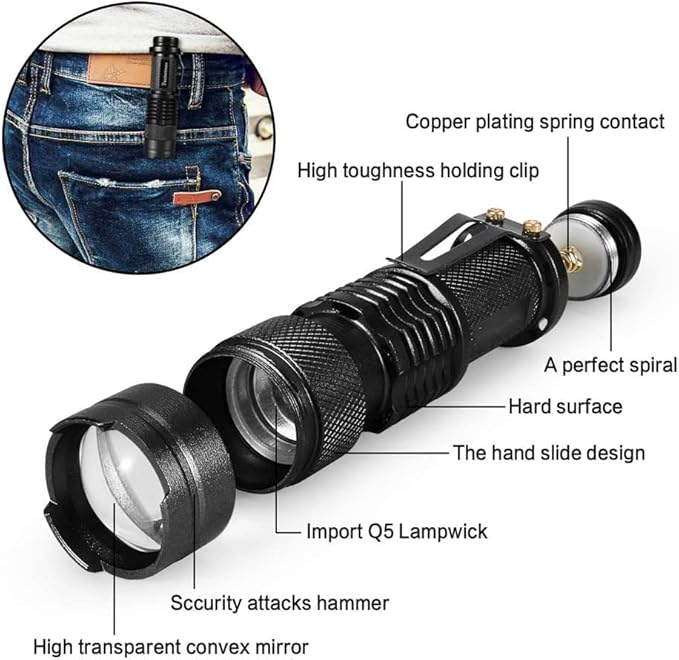MODOAO 6 Pack Mini Flashlights LED Flashlight 7W 350LM 3 Mode Flashlight Torch Adjustable Focus Zoomable Light,Skid-Proof Design & Waterproof Design (Black)