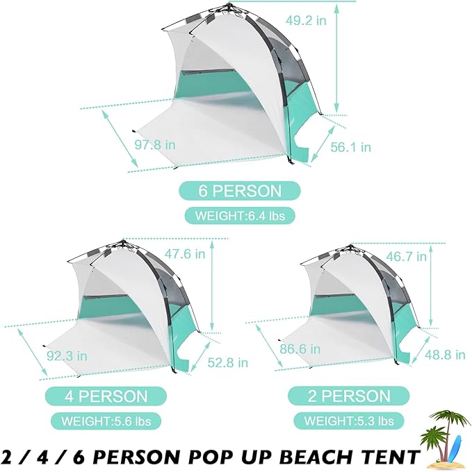 2-3 Person Large Instant Pop Up Beach Tent, UV Protection Portable Easy Setup Sun Shade Shelter, Extended Floor with 3 Ventilating Mesh Windows for Outdoor Camping Fishing (Green)