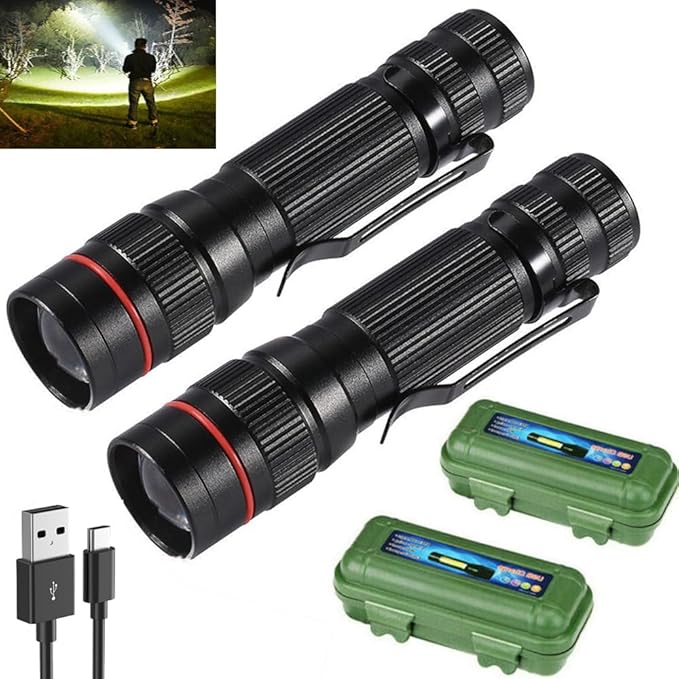 LED Flashlight Rechargeable 2 Pack, High Lumens Tactical Flashlights, Super Bright Small Flash Light, Mini Pocket Torch, 3 Modes Zoomable Flashlight for Outdoor, Camping, Birthday for Men Women