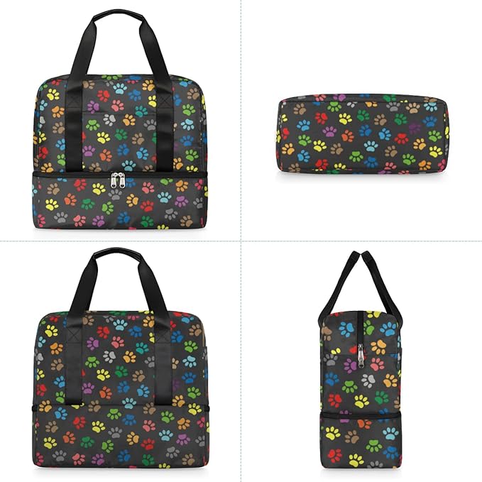 Sports Gym Bag Colorful Dog Paw Print Travel Duffel Bag Waterproof Lightweight Swim Bag Travel Tote Luggage Weekender Overnight Handbag Workout Bag with Shoes Compartment for Women Men