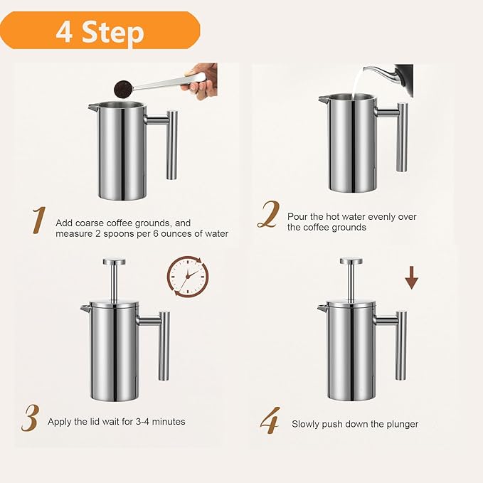 French Press Coffee Maker 34oz, Double-Wall Insulated French Press Stainless Steel 1L for travel camping, Included 2 Extra Screens and 1 Coffee Spoon (6-8cup 1000ml)