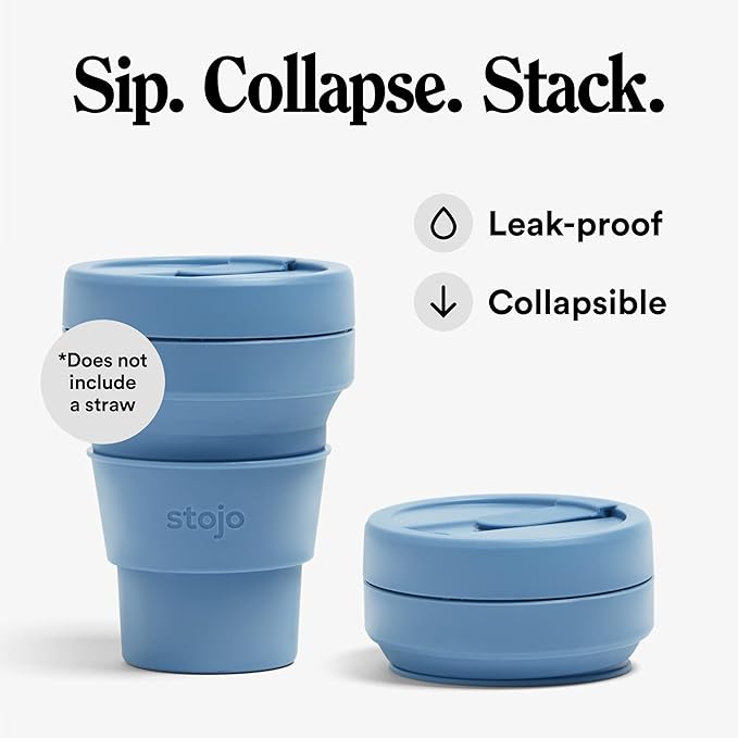 STOJO Collapsible Travel Cup - Steel Blue, 12oz / 355ml - Leak-Proof Reusable To-Go Pocket Size Silicone Bottle for Hot & Cold Drinks - Camping & Hiking - Dishwasher Safe - No Straw Included