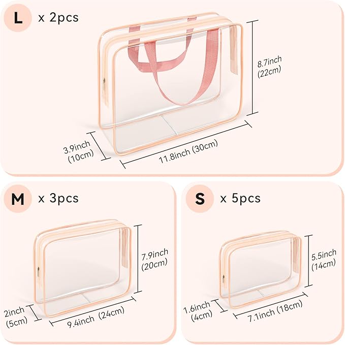 TISRATOK 10 PCS Clear Travel Makeup Toiletry Bag, Plastic PVC Cosmetic TSA Approved Organizer Kit with Zipper Handbag(Pink)