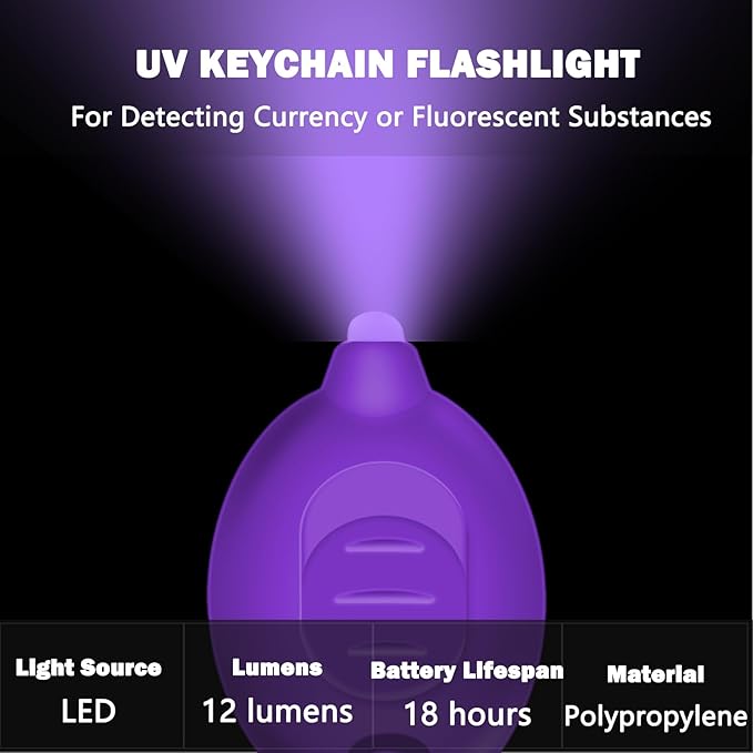 Mini UV Led Keychain Flashlight, Tiny Flashlight, Small Black Light Key Ring Flashlight, 12 Lumen Portable Ultra Bright Battery Powered Mini Black Light for Detector & Scorpion Finder (6PCS)