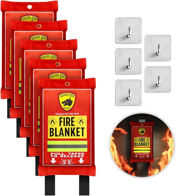 Guard Dog Security Fire Blanket with Reflective Strip & Hooks - Emergency Fire Blanket for Home and Kitchen, Fire Safety Blanket for Camping, Fireplace, Grill, BBQ, Car, Fire Retardant Blanket