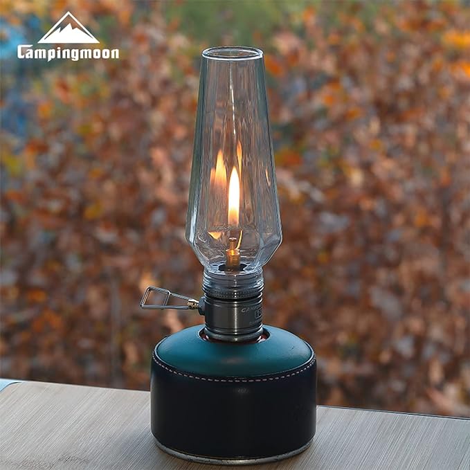 CAMPINGMOON Camping Gas Lantern with Aluminum Frame, Adjustable Light, Silver, Includes Wooden Case