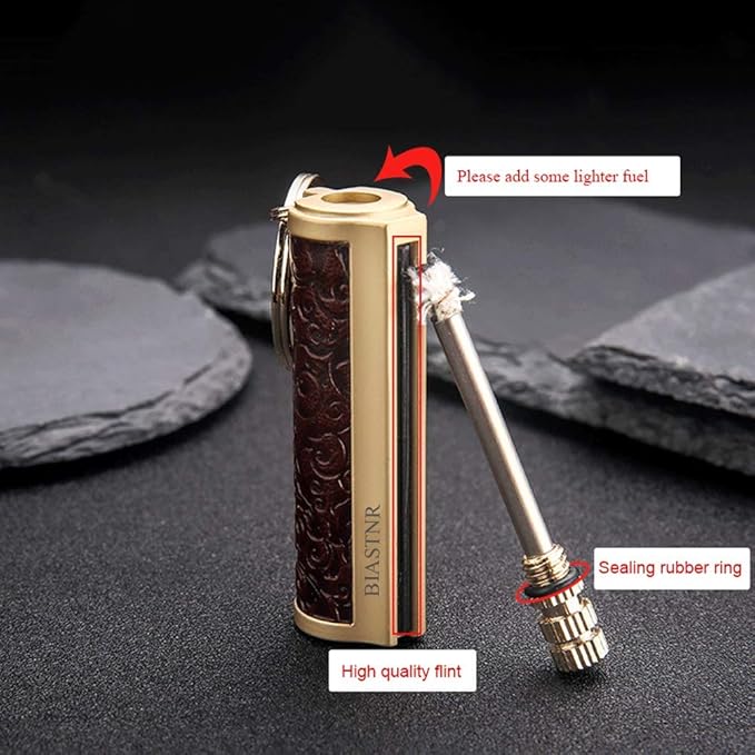 Permanent Match,Keychain Matchstick Fire Starter Immortal Lighter,Flint Match Stick Kerosene Refillable Lighter for Outdoor Camping Survival,Dark red