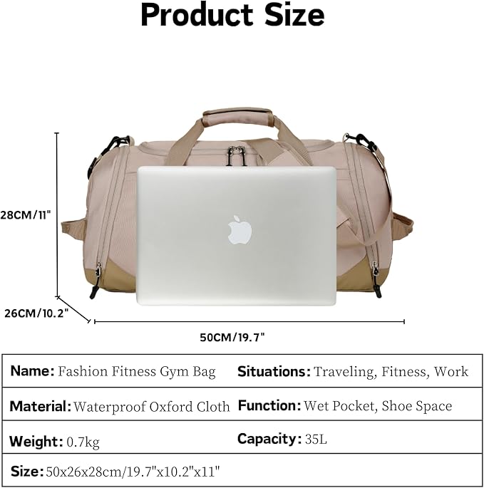 Gym Bag for Men Women, Large Sports Travel Duffle Bag with Wet Pocket & Shoe Compartment, 35L Waterproof Lightweight Carry On Overnight Weekender Bag for Workout, Fitness, Business - Beige
