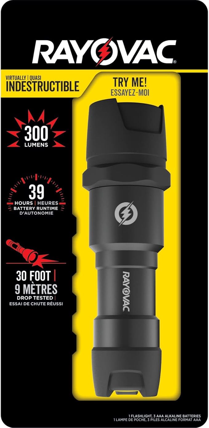 Rayovac - DIY3AAA-BE Virtually Indestructible LED Flashlight, 300 Lumen Waterproof Tactical Flashlight - Super Bright High Mode LED Flashlights for Camping, Hiking, Dog walking Black