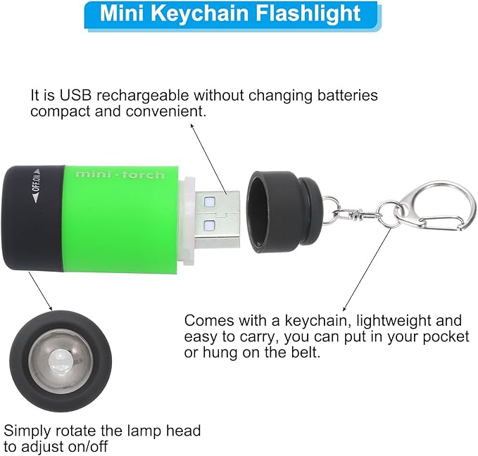 PATIKIL Mini Keychain Flashlight, Pocket LED Flashlight Portable Torch USB Rechargeable for Outdoor Camping Party, Green