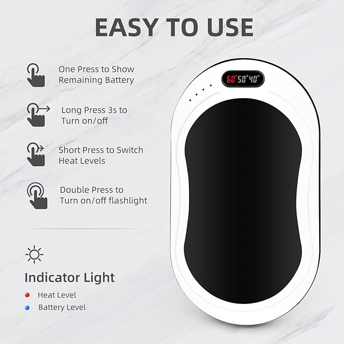 Hand Warmers Rechargeable,10000mAh Rechargeable hand Warmer, 12Hrs Long Heating Electric Hand Warmer, Electric Portable Pocket Heater, Heat Therapy Great for Raynauds, Hunting, Golf, Camping