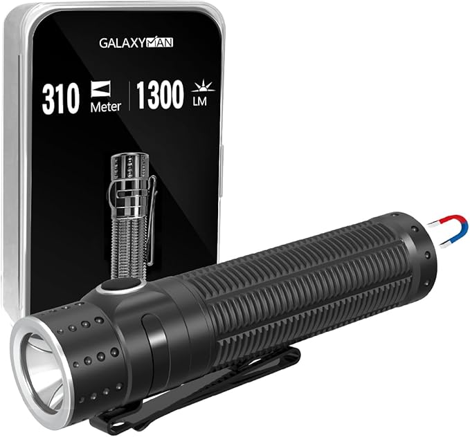 EDC Rechargeable Flashlight, 310m Throw 1300 High Lumens LED Pocket Flash Light with Magnetic Base, Compact Waterproof Small Powerful Light for Home, Camping, Emergencies-Black