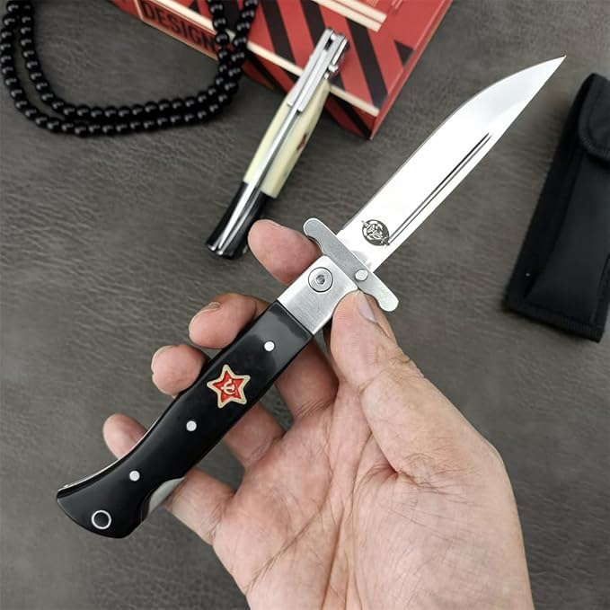 Finka-NKVD KGB Folding Pocket Knife,3.66" Mirror Polished 440C Blade and ABS Handle,Nylon Sheath,Assisted Opening Flipper Knife with Lockback, EDC for Camping Hunting Survival (BLACK)