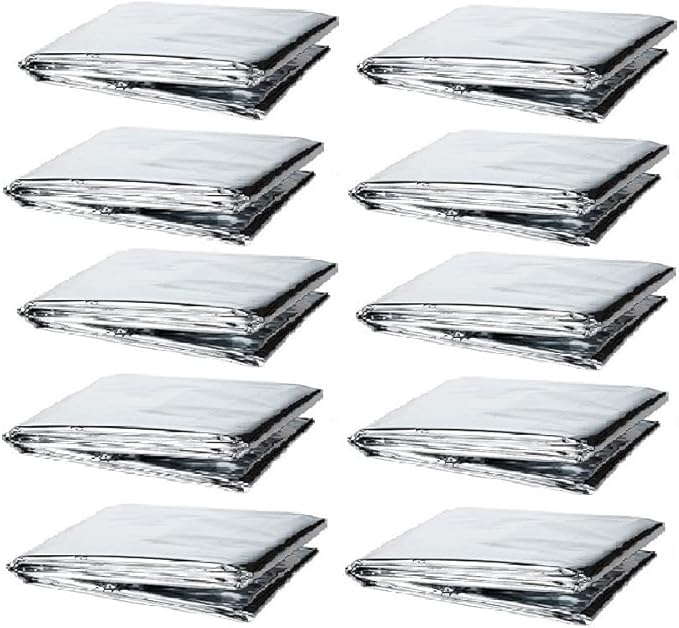 GALAXYLENSE Emergency Mylar Thermal Blanket for Survival First Aid Kits Army Outdoors Hiking Camping Bug Out Trauma Desert All Weather Condition Protection (10 Packs Silver)