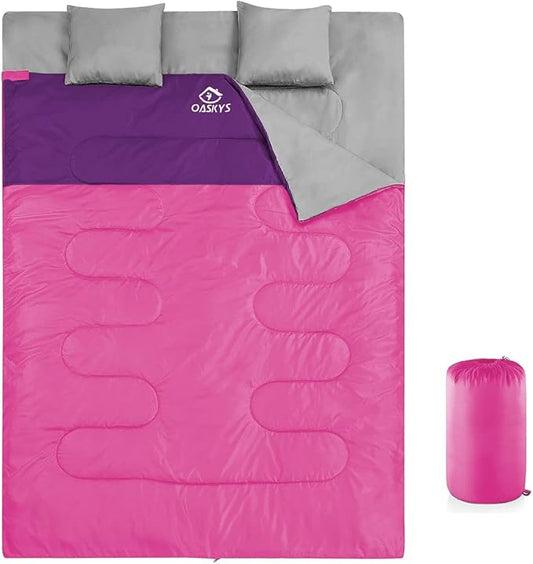 oaskys Double Sleeping Bag for Adults with 2 Pillows - Queen Size XL Waterproof Sleeping Bag for All Season Camping Hiking Backpacking 2 Person Sleeping Bags for Cold Weather & Warm
