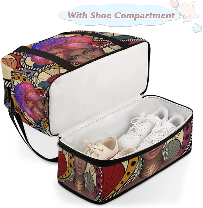 Travel Duffel Bag African Afro Woman Sport Gym Bag for Woman Man,Waterproof Foldable Weekend Overnight Bag for Yoga Workout Training with Shoe Compartment