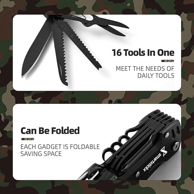 16 in 1 Multi Tool Tactical Knife Camping essential Survival Knife with Knife, Scissors, Saw, Wine Opener, Multiple Screwdrivers, Key Chain Easy Carry, Fish Scaler (Black)