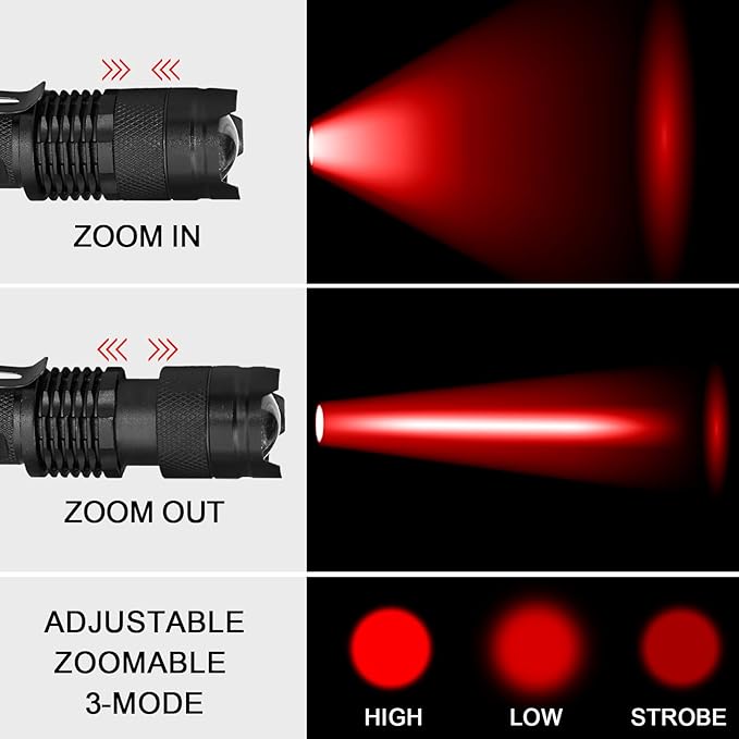 10 Pack Red Light Flashlight 3 Modes Red LED Flashlight Scalable Red Light Torch with Clip for Hunting Astronomy Night Observation and Outdoor Activities
