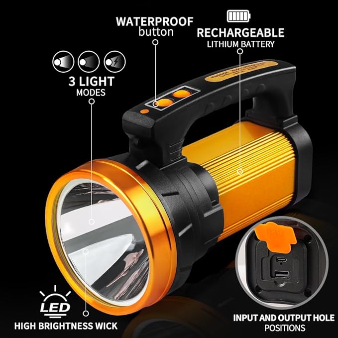 1000,000LM Spotlight 13600mAh Spotlight Flashlight 80H Long Lasting IP67 Waterproof Rechargeable Spotlight 3Modes Spot Light for Outdoor Indoor Camping Home Emergency