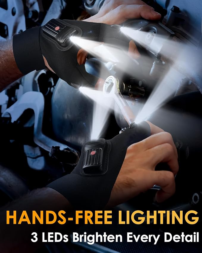 Flashlight Gloves Stocking Stuffers - 2 Pairs Cool Gadgets LED Gloves Gift for Men Dad Boyfriend Grandpa Husband - Christmas Birthday White Elephant - USB with 3 Lights Running Hiking Camping Fishing