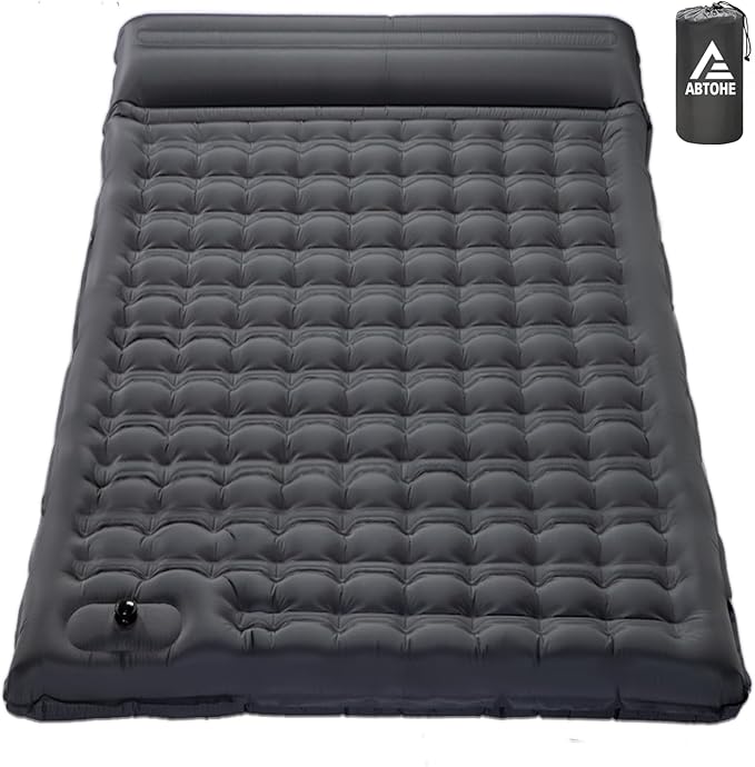 Double Sleeping Pad Camping, Self Inflating 4'' Extra-Thick 2 Person Pillow Built-in Foot Pump Waterproof Inflatable Sleeping Mat Backpacking, Tent, Hiking, Portable Camping Pad (Grey-Double)