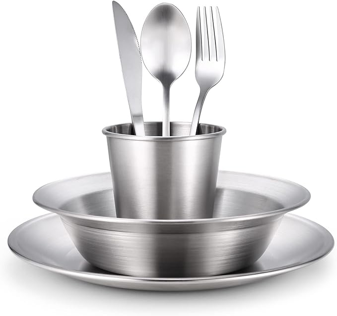 Odoland Camping Complete Messware Kit, Polished Stainless Steel Camp Dinnerware, Camping Cooking Tableware, Cutlery Organizer Utensil with Plates and Bowls Set for Backpacking, Hiking, Picnic