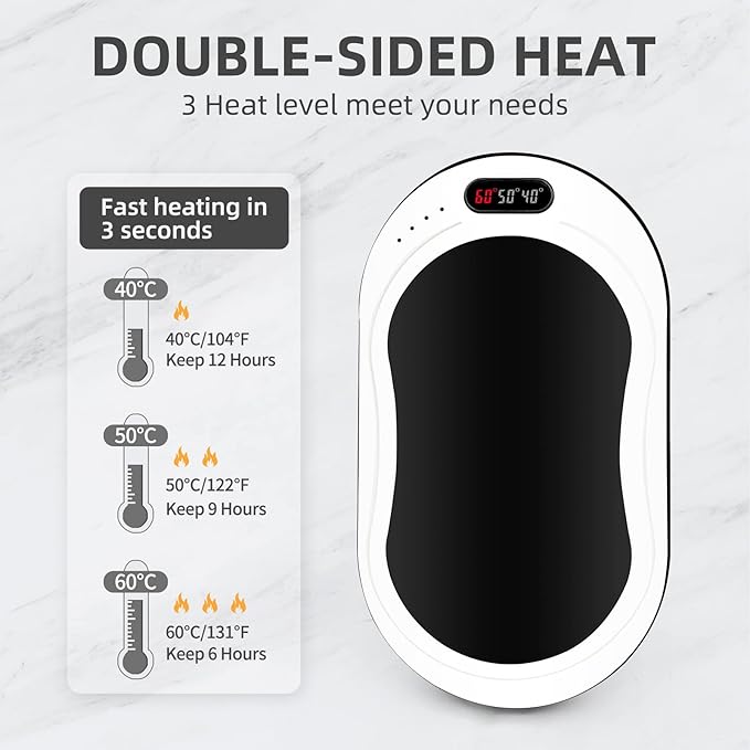 Hand Warmers Rechargeable,10000mAh Rechargeable hand Warmer, 12Hrs Long Heating Electric Hand Warmer, Electric Portable Pocket Heater, Heat Therapy Great for Raynauds, Hunting, Golf, Camping