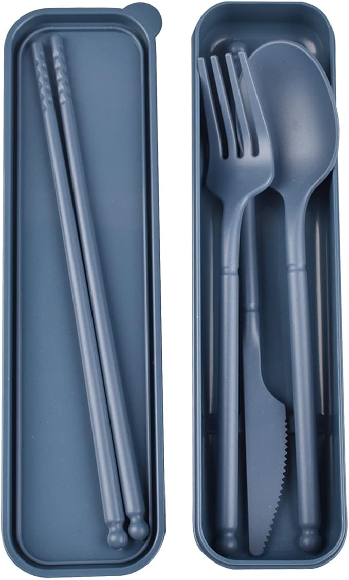 Camping Utensil Set, Reusable Utensils Set with Case, Plastic Cutlery Set Forks Spoon Tableware Chopsticks, Portable Cutlery Set for Travel Picnic Camping or Daily Use (Dark Blue)