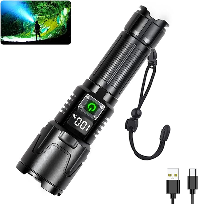 Minsk Flashlights High Lumens, Rechargeable Flashlights with Digital Power Display, 4500 Lumen Super Bright Flashlight, Zoomable Flash Light for Outdoors